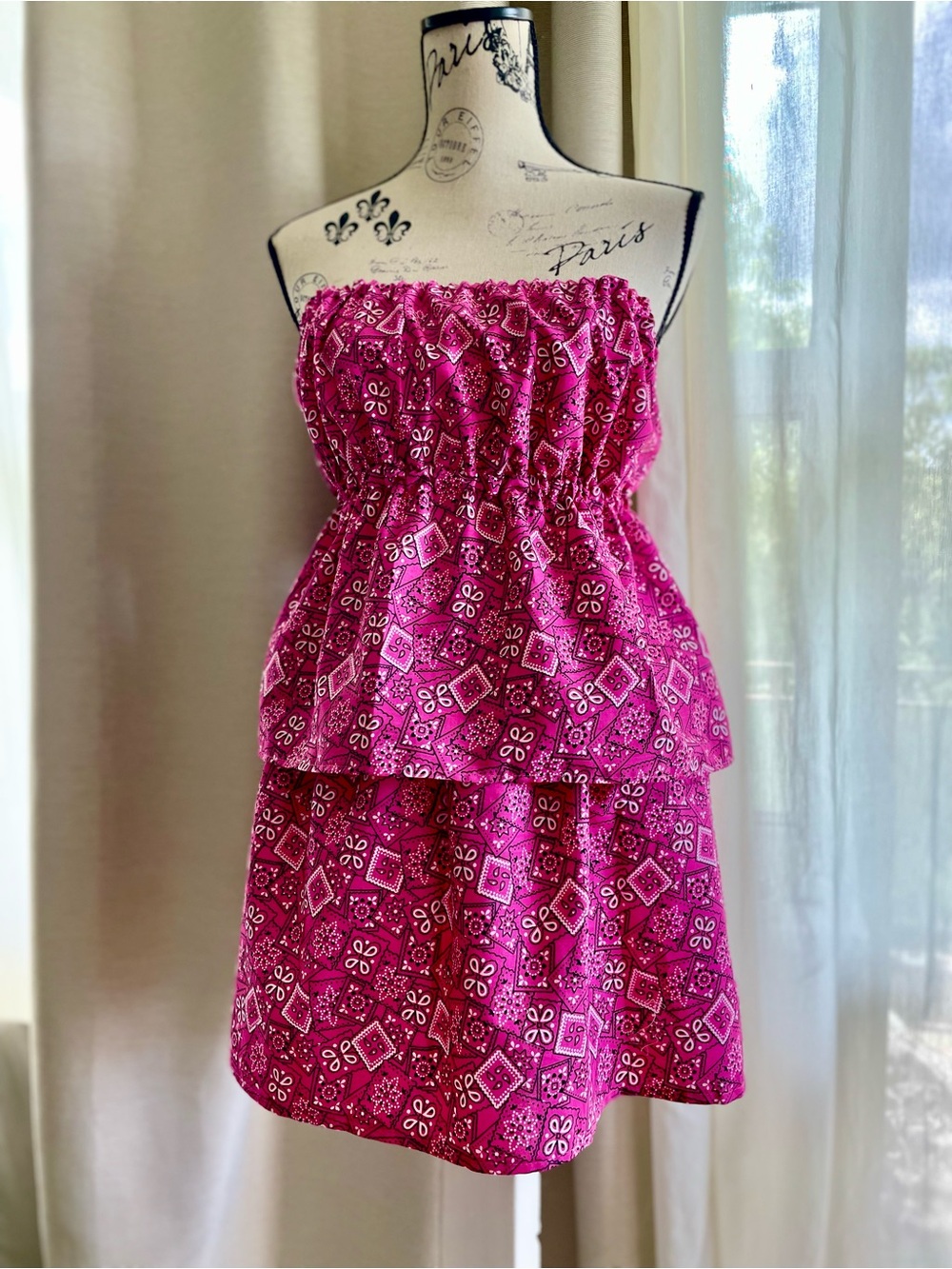 Upcycled Strapless Top and Mini Skirt Pink Set